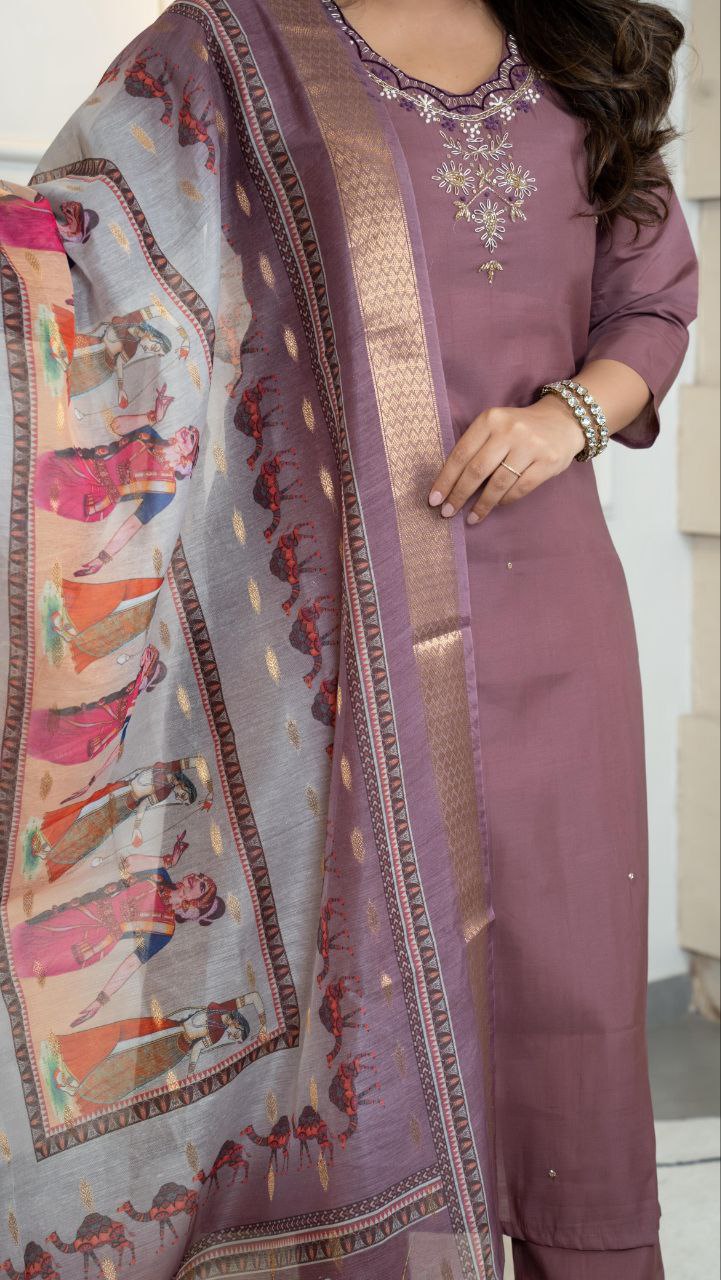 Lorenvalley Fashion Burgundy Roman Silk Hand Work Kurta Pant with Dupatta 