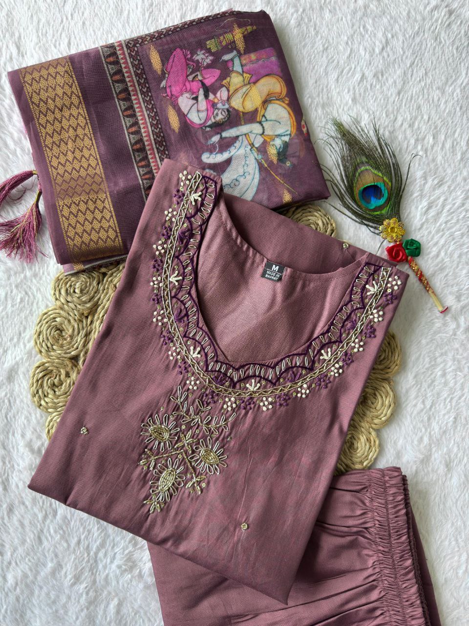 Lorenvalley Fashion Burgundy Roman Silk Hand Work Kurta Pant with Dupatta 