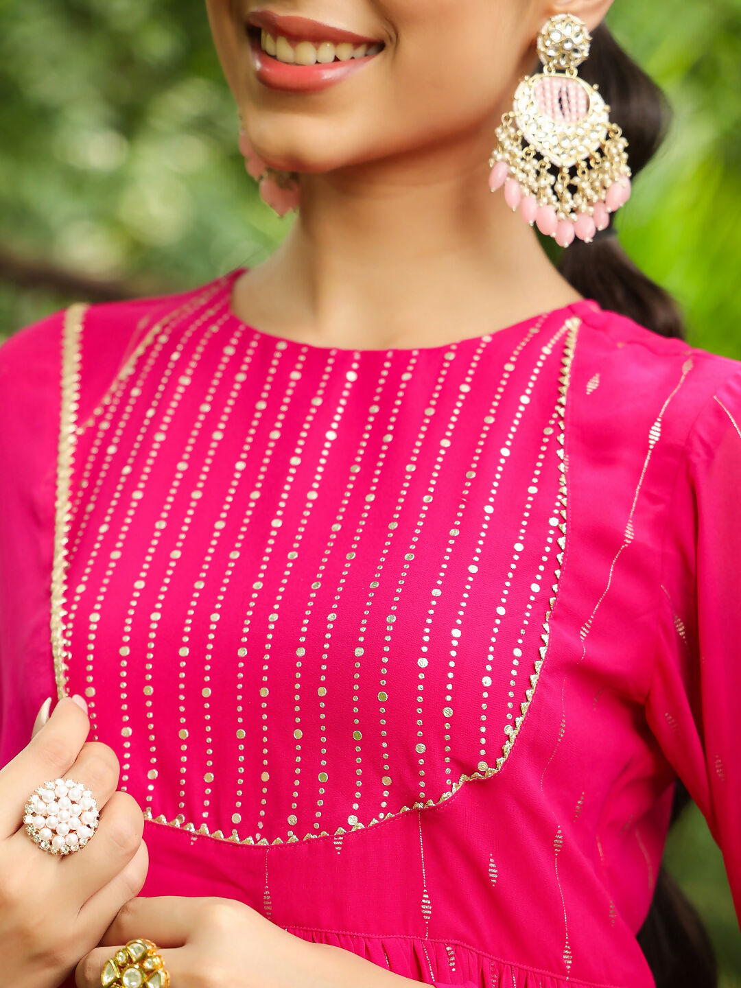 Janasya Pink Georgette Foil Print Kurta,Bottom & Dupatta 