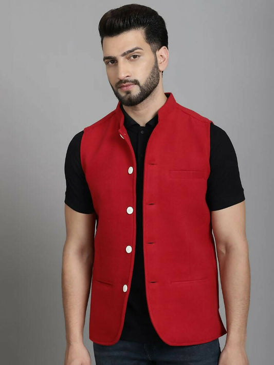Even Apparels Nehru Jacket With Welt Pockets - Red 