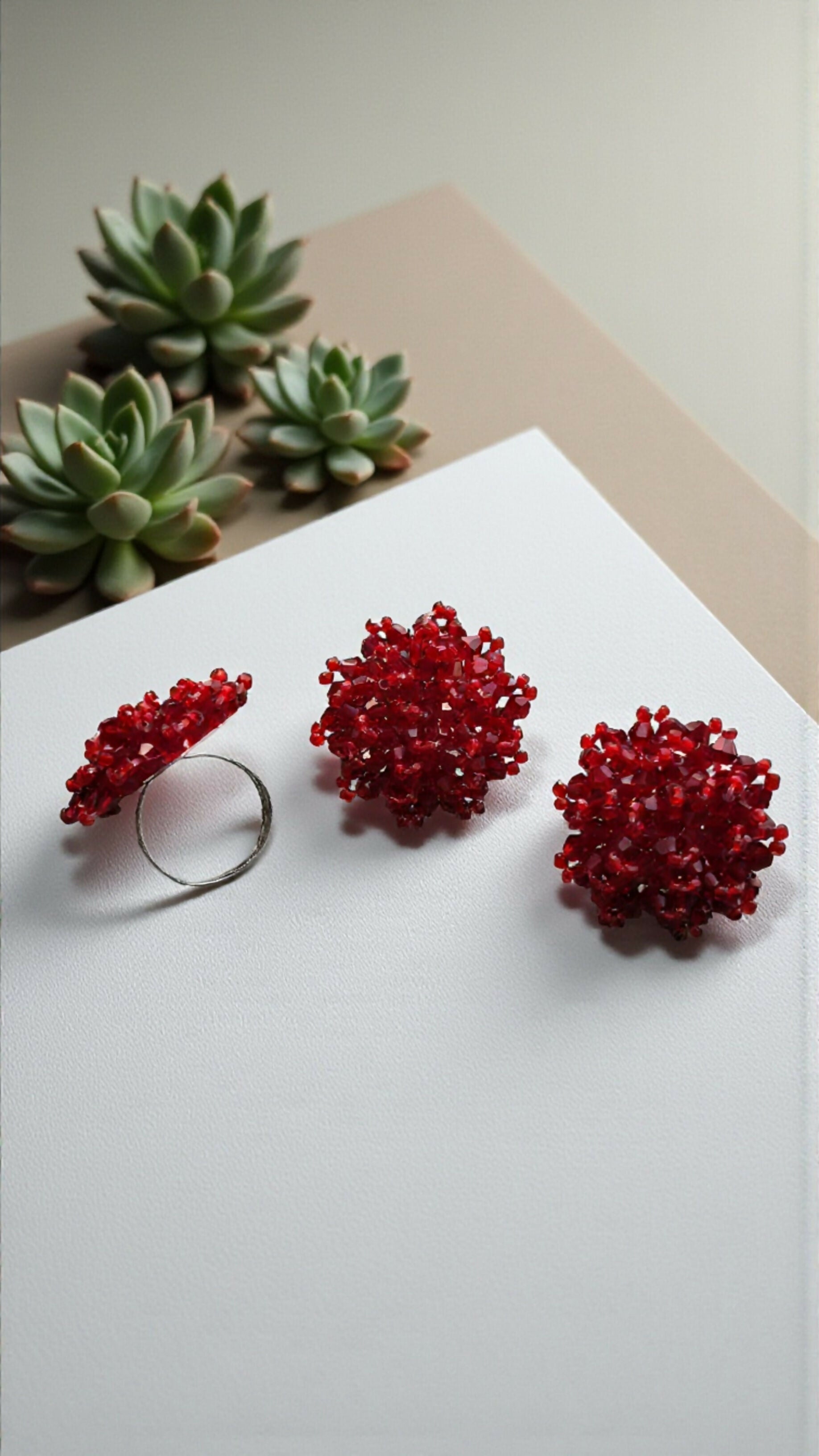 Inhanns Rangmani Crystal Duo – Adjustable Ring + Statement Earrings Set - Maroon