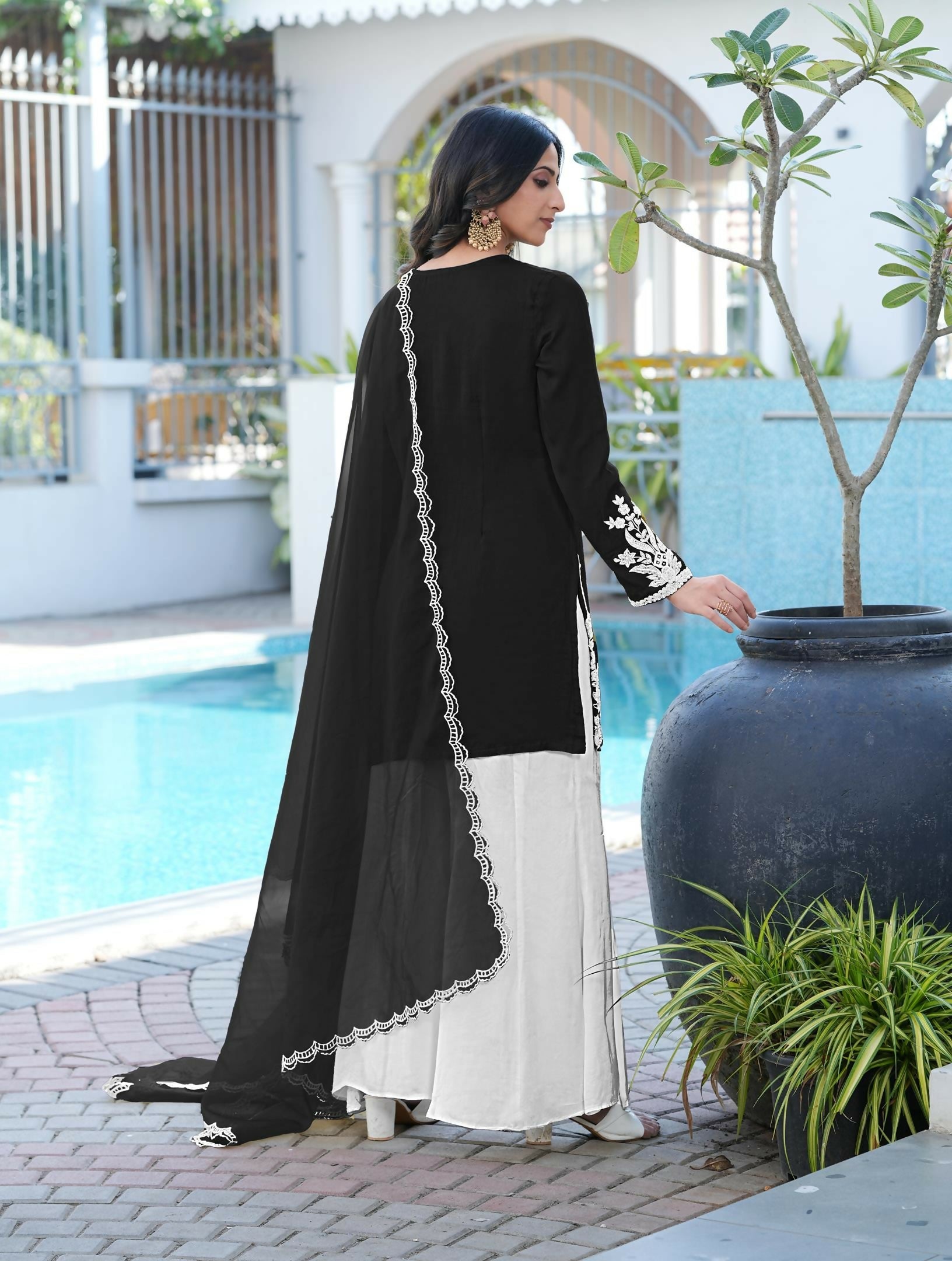 Nikhaar Black Embroidered Modal Silk Stitched Straight Cut Kurta Kalidar Palazzo Dupatta Readymade Suit