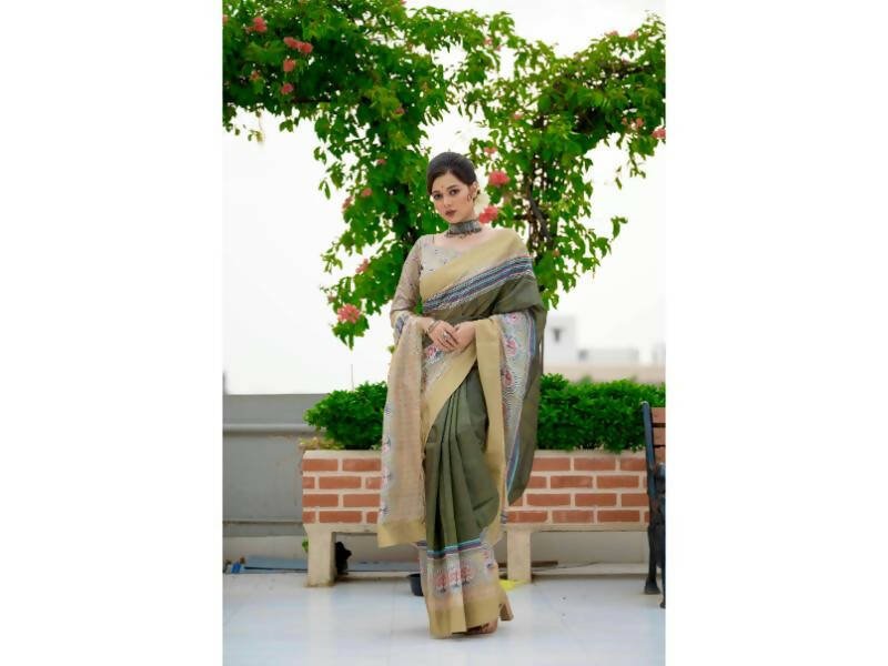 Aastha Fashion Women's Olive Tussar Silk Digital Printed Saree with Blouse - Grab2buy
