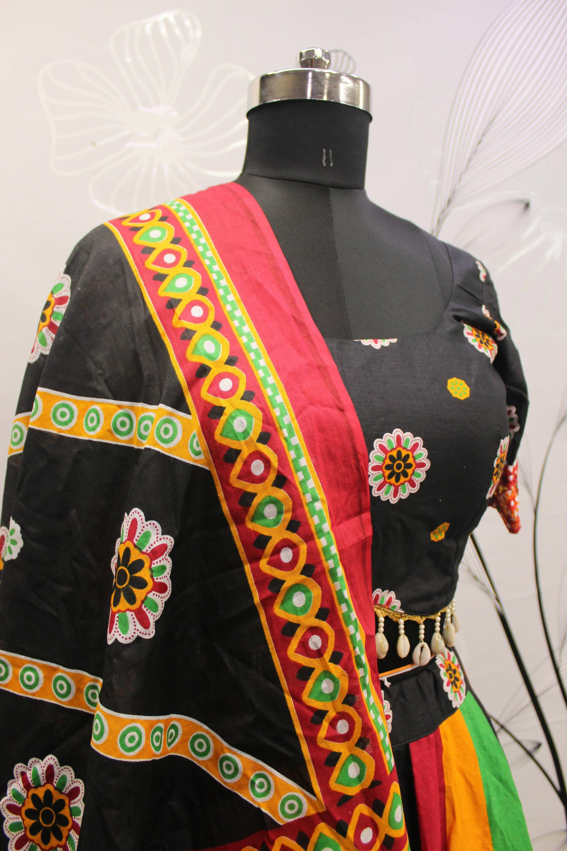 Multi Color Pure Cotton Hand Block Print Navratri Lehenga Choli with Dupatta - Raas