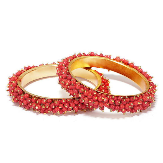 Mominos Fashion Joharkamal Gold-Polished Red Beads Work Bangles 