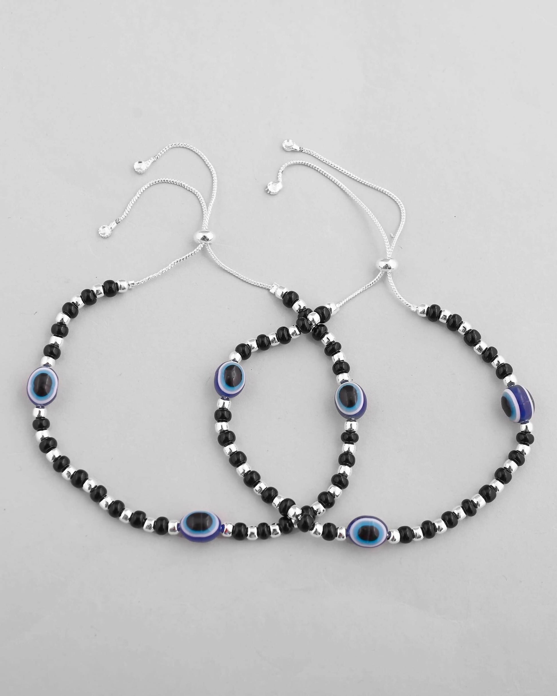VOJ Set of 2 Silver Plated Evil Eye With Black And Silver Beads Anklet 