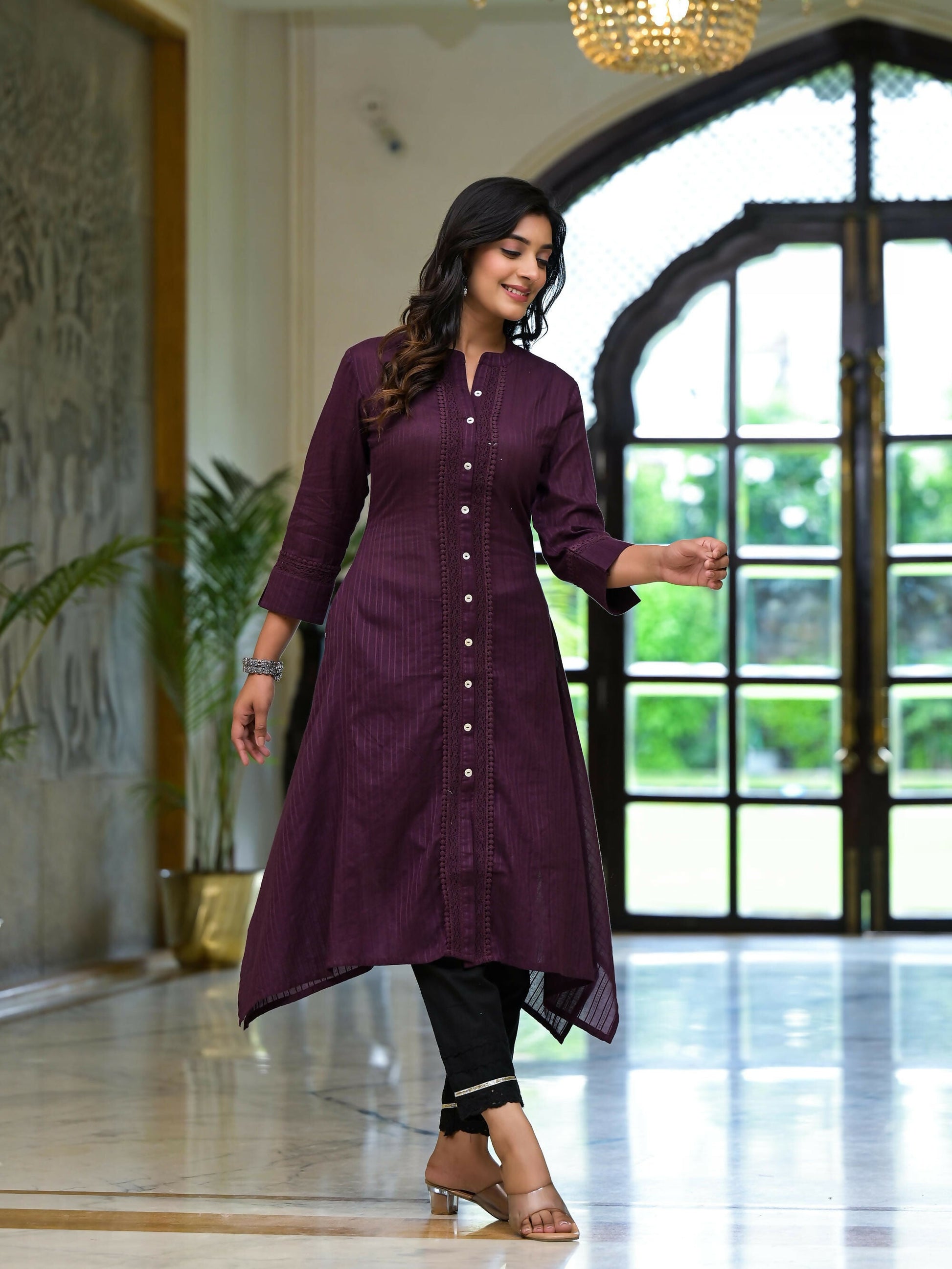 Juniper Women's Plum Thread Embroidered Cotton Asymmetrical Kurta With Button Closure