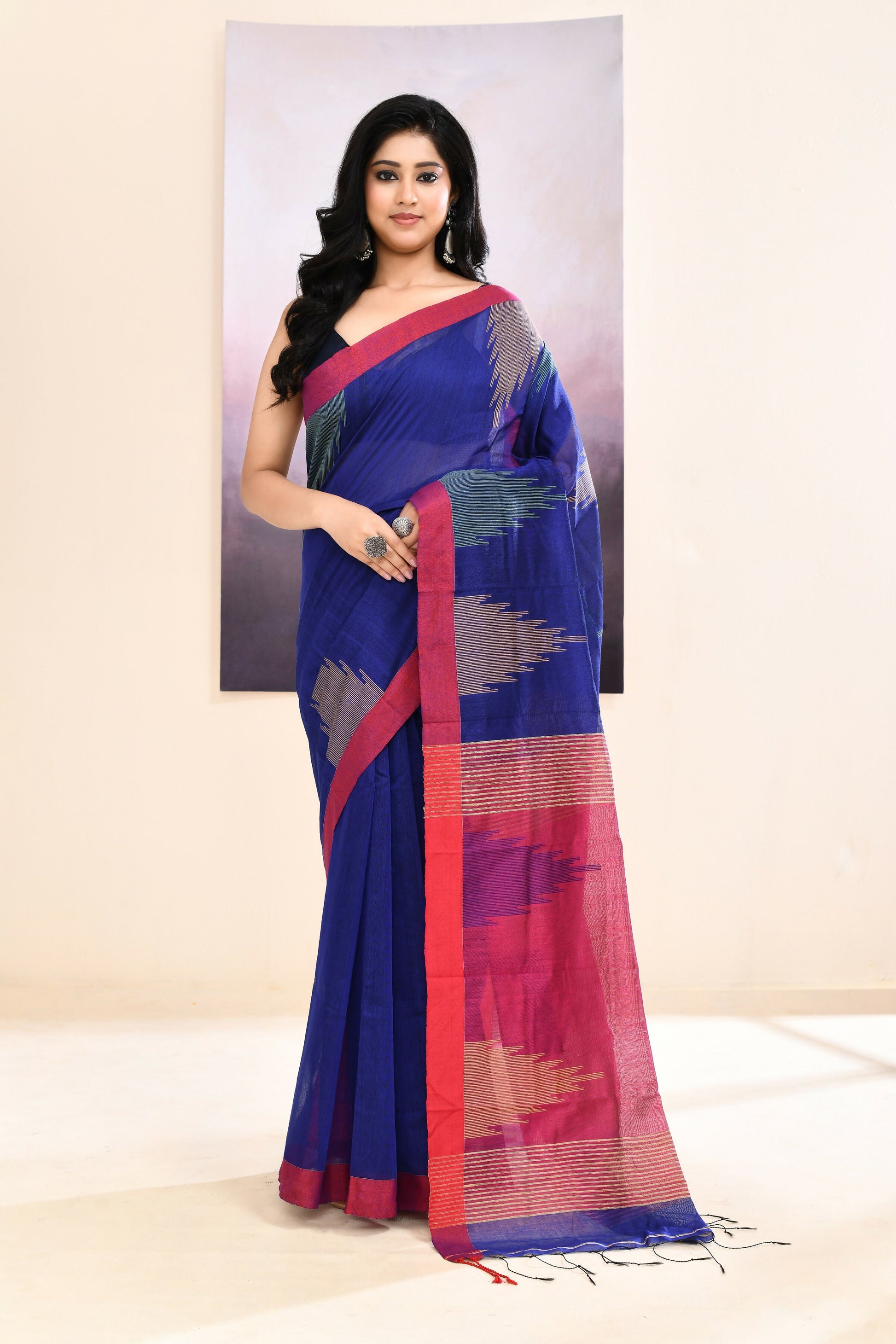 Piyari Fashion Women's Blue Temple Border Embellished Cotton Blend Jamdani Saree