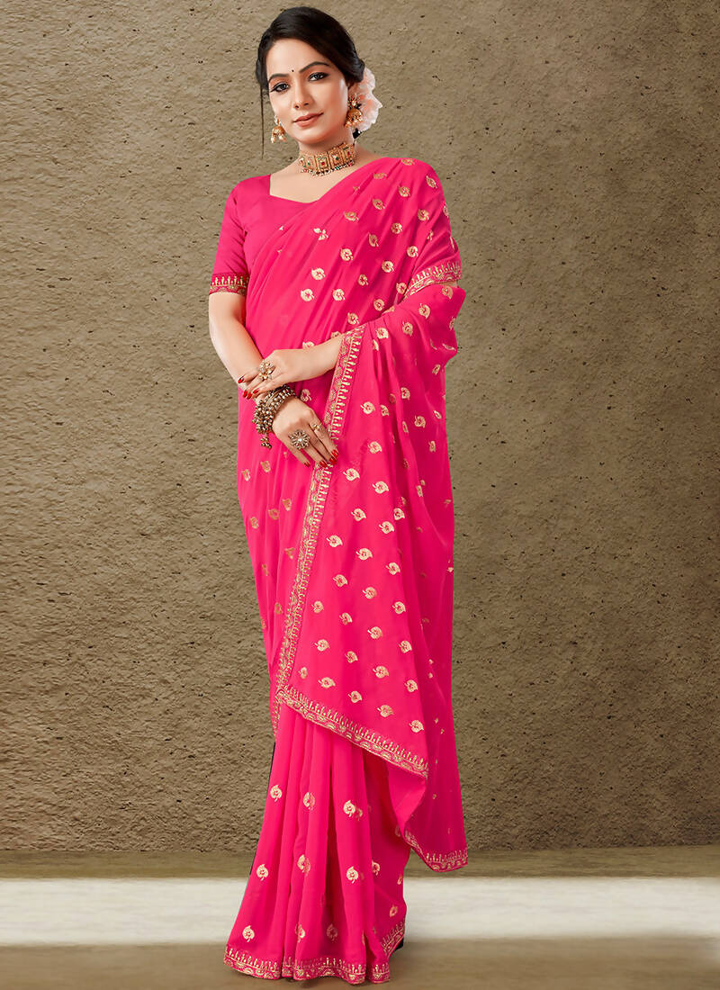 Pink Georgette Embroidered Saree with Unstitched Blouse Piece - Avika