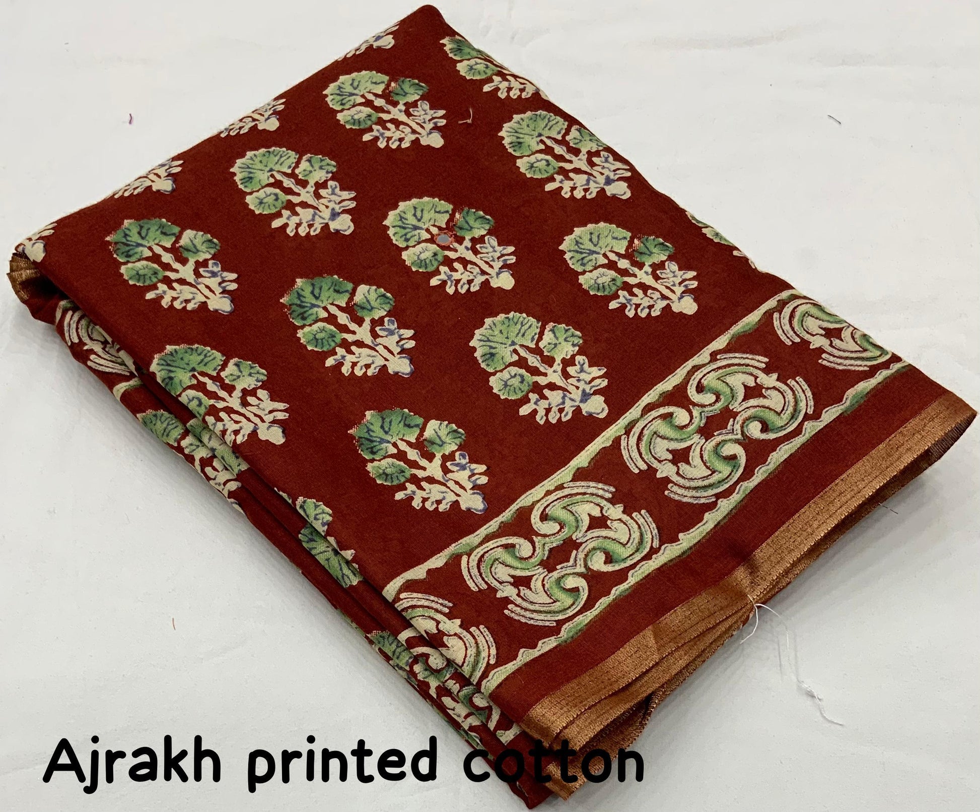 Red Cotton Blend Ajrak Saree with Unstitched Blouse - A2M