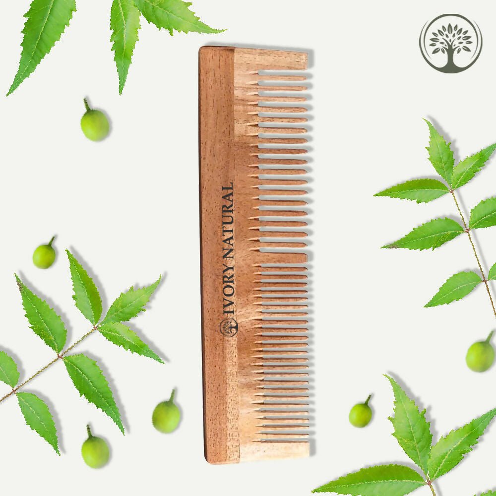 Ivory Natural Dual Tooth Kacchi Neem Comb Infused With Organic Oil For Gentle Detangling And Straightning Hair 