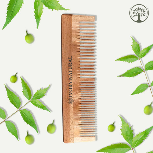 Ivory Natural Dual Tooth Kacchi Neem Comb Infused With Organic Oil For Gentle Detangling And Straightning Hair 