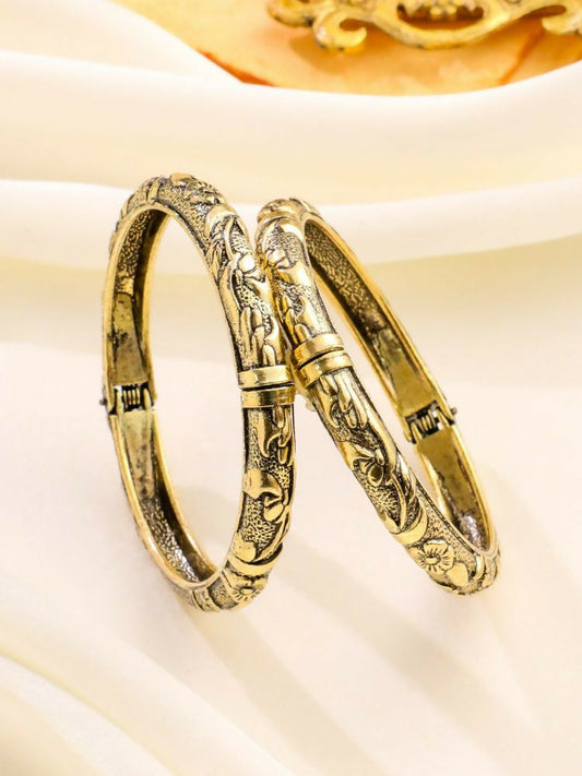 NVR Women Set of 2 Gold-Polished Floral Design Oxidised Bangles 