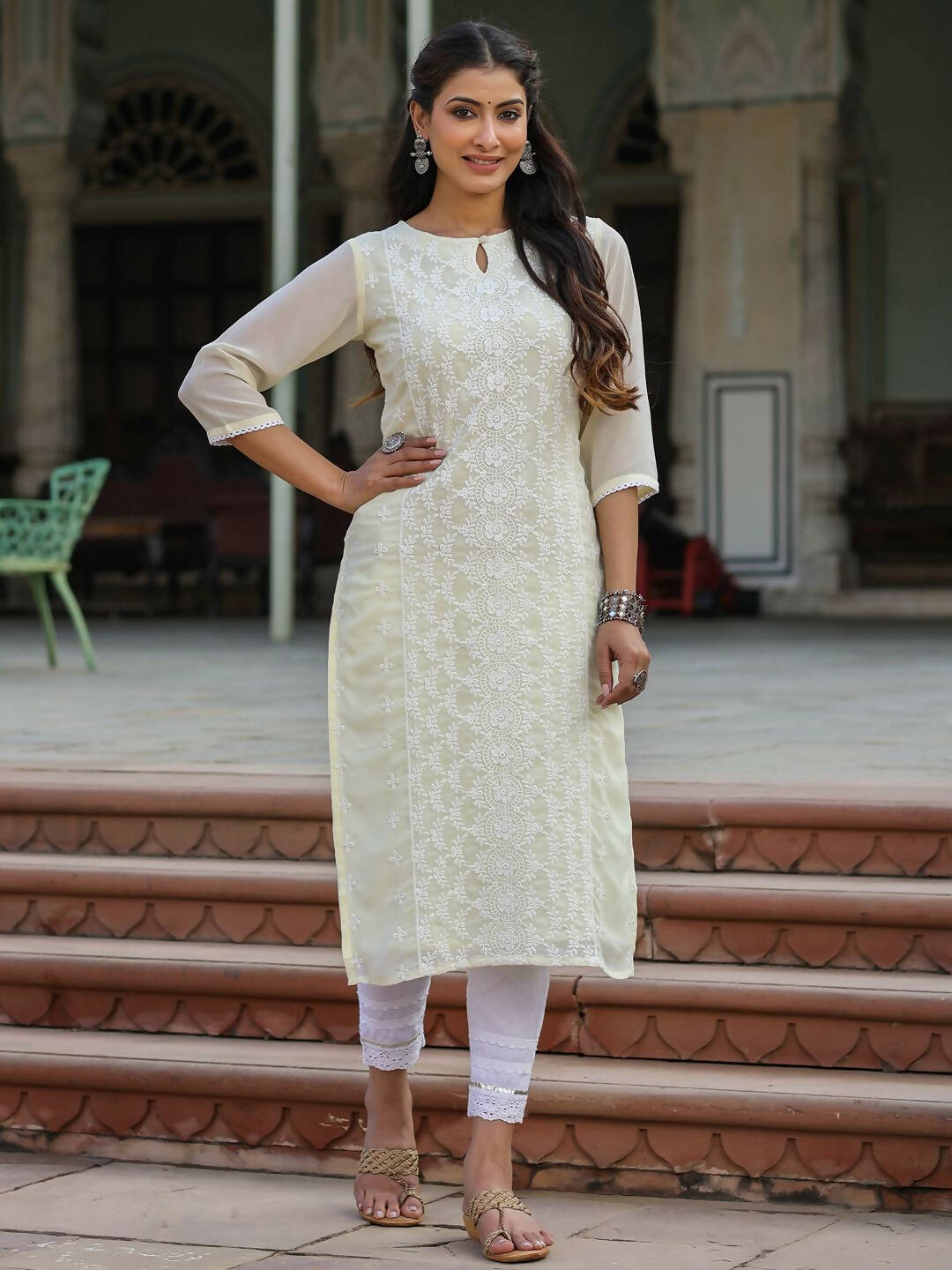 Juniper Women's Lemon Georgette Printed Kurta