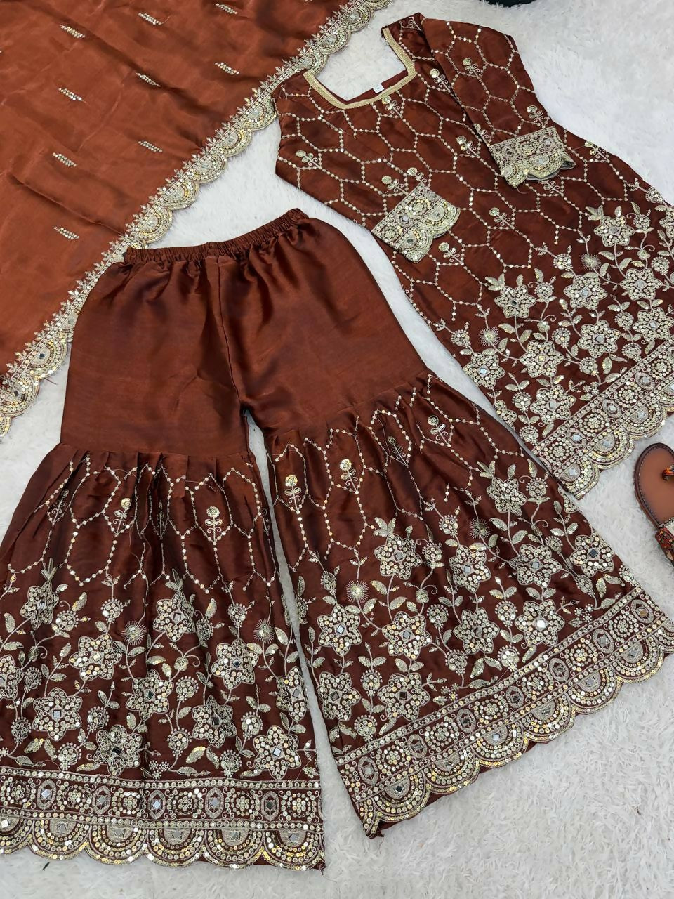 Teeya Creation New Trendy Latest Designer Embroidery Sharara Kurta Set -Brown