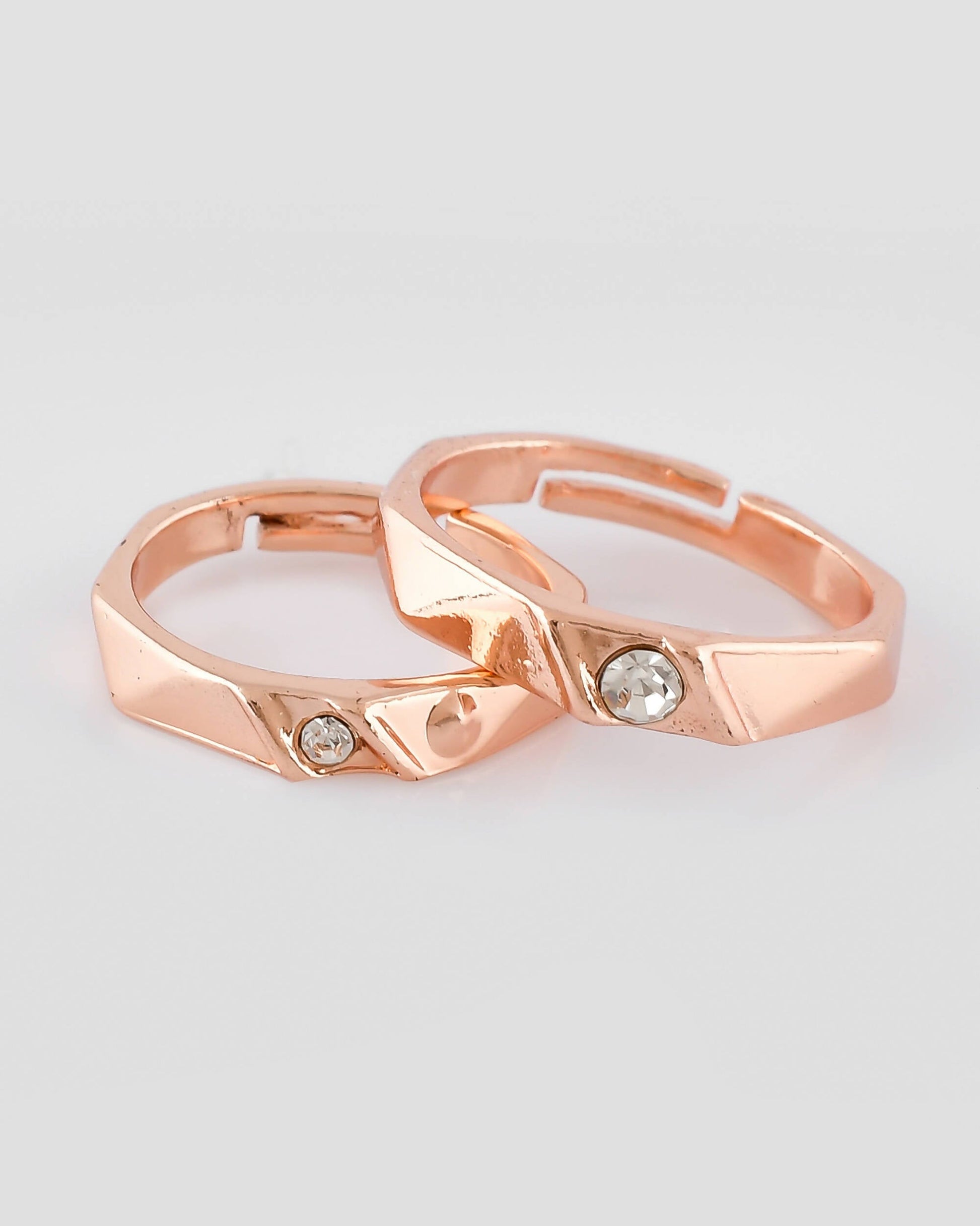 VOJ Stainless Steel Cubic Zirconia Rose Gold-Polished Adjustable Ring Set for Couple 