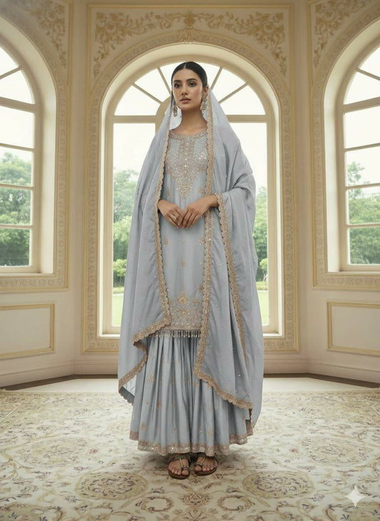 Teeya Creation Grey Color Chinnon Silk Embroidery Work Wedding Wear Salwar Suit