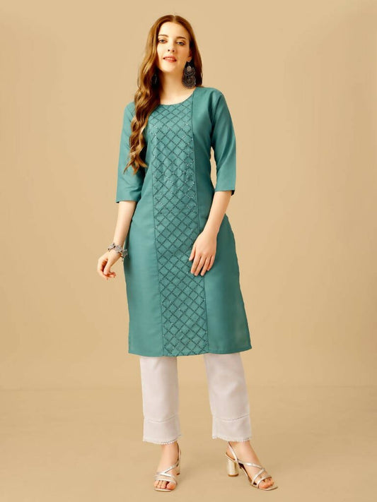 Aastha Fashion Women's Teal Cotton Blend Embroidered Kurta Pant Set - Grab2buy