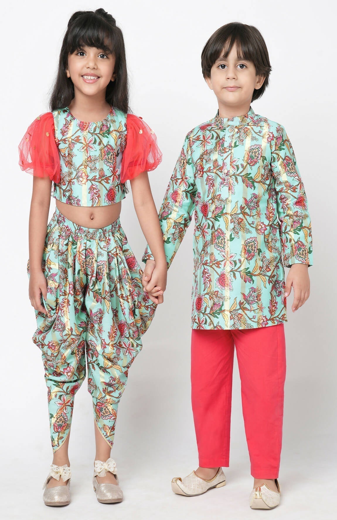 Lil Drama Golden Weaves Blue Crop Top With Dhoti Co-Ordinate Set 