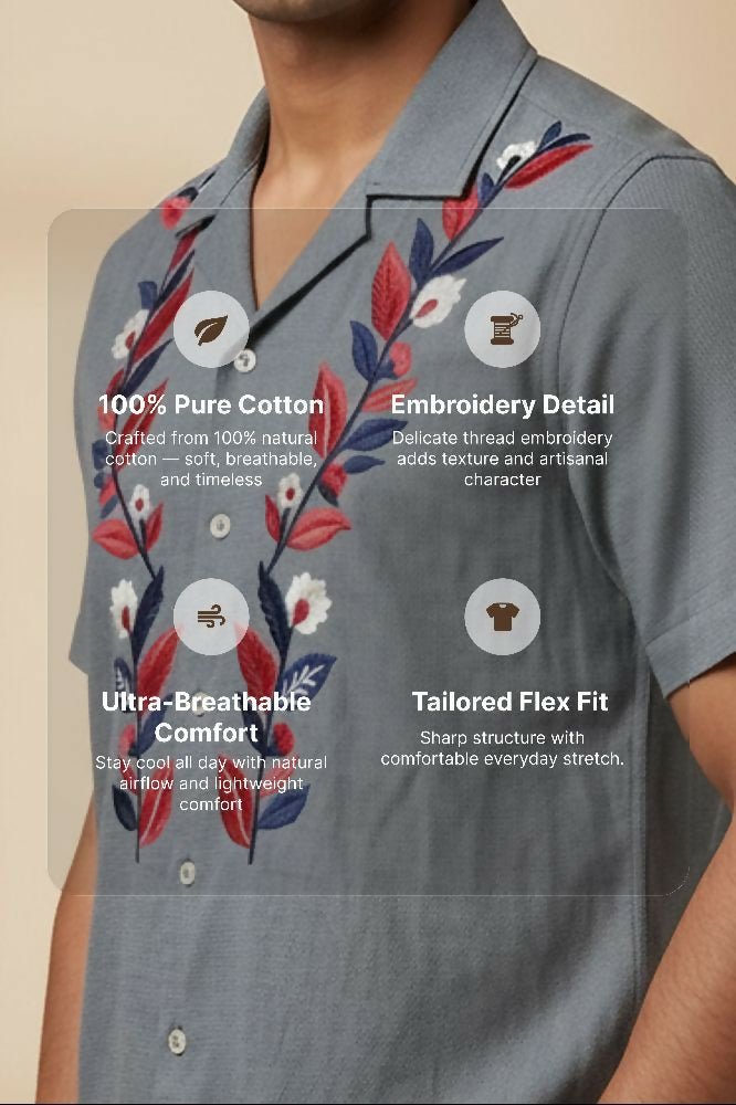 Sunduo — Grey Dual Floral Embroidered Cotton Shirt by Hilo Design