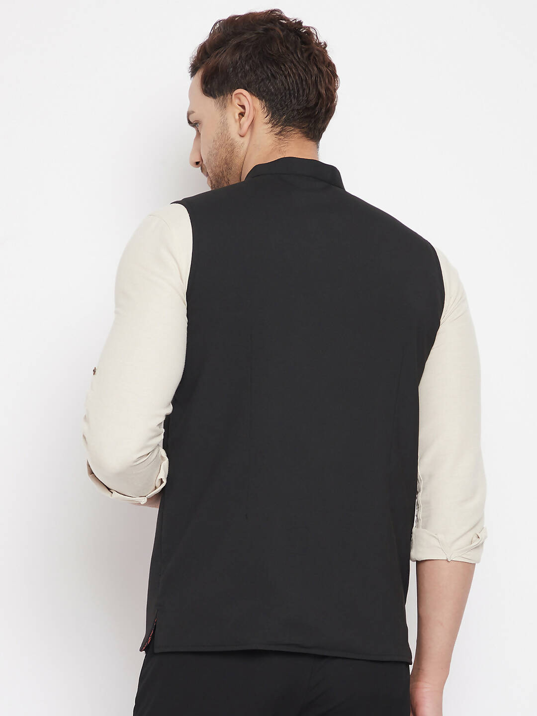 Even Apparels Black Merino Men's Nehru Jacket-Contrast Lining-Inbuilt Pocket Square 