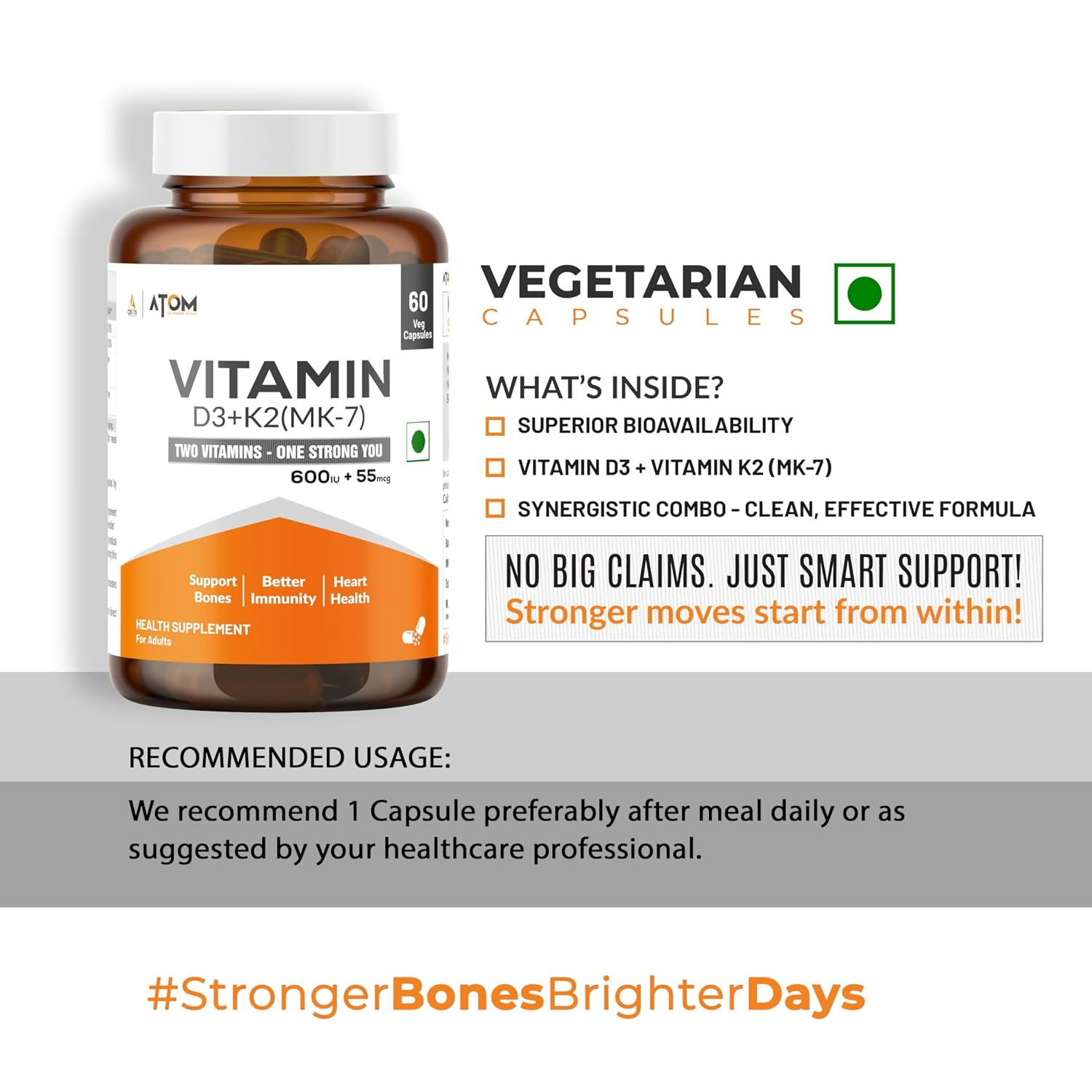 As-It-Is Atom Vitamin D3 & K2 (Mk-7) Veg Capsules 