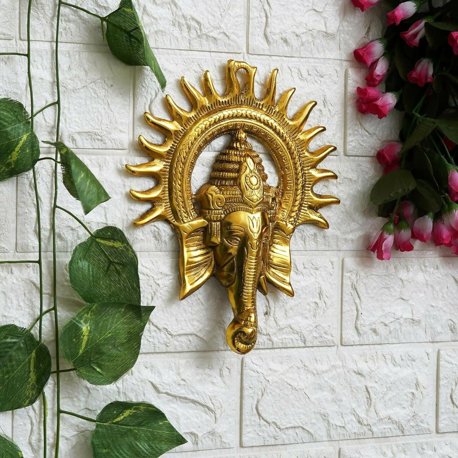 eCraftIndia Golden Lord Ganesha With Sun Decorative Metal Wall Hanging - Grab2buy
