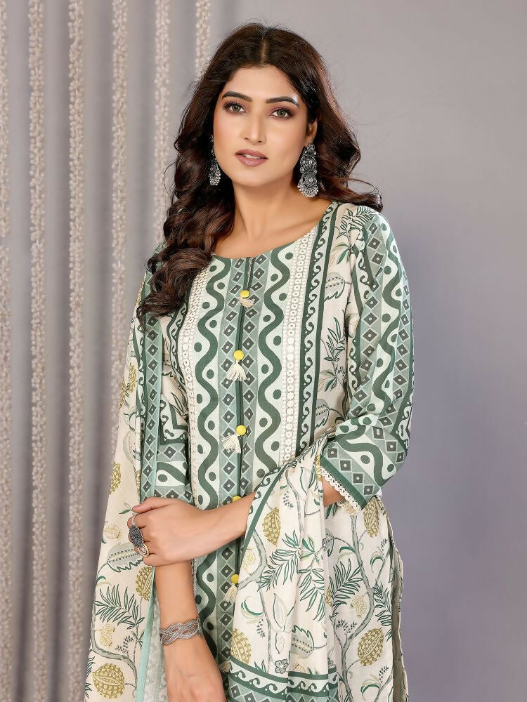 Joban Fashion Women Off White & Forest Green Linen Printed Stitched Kurta Set