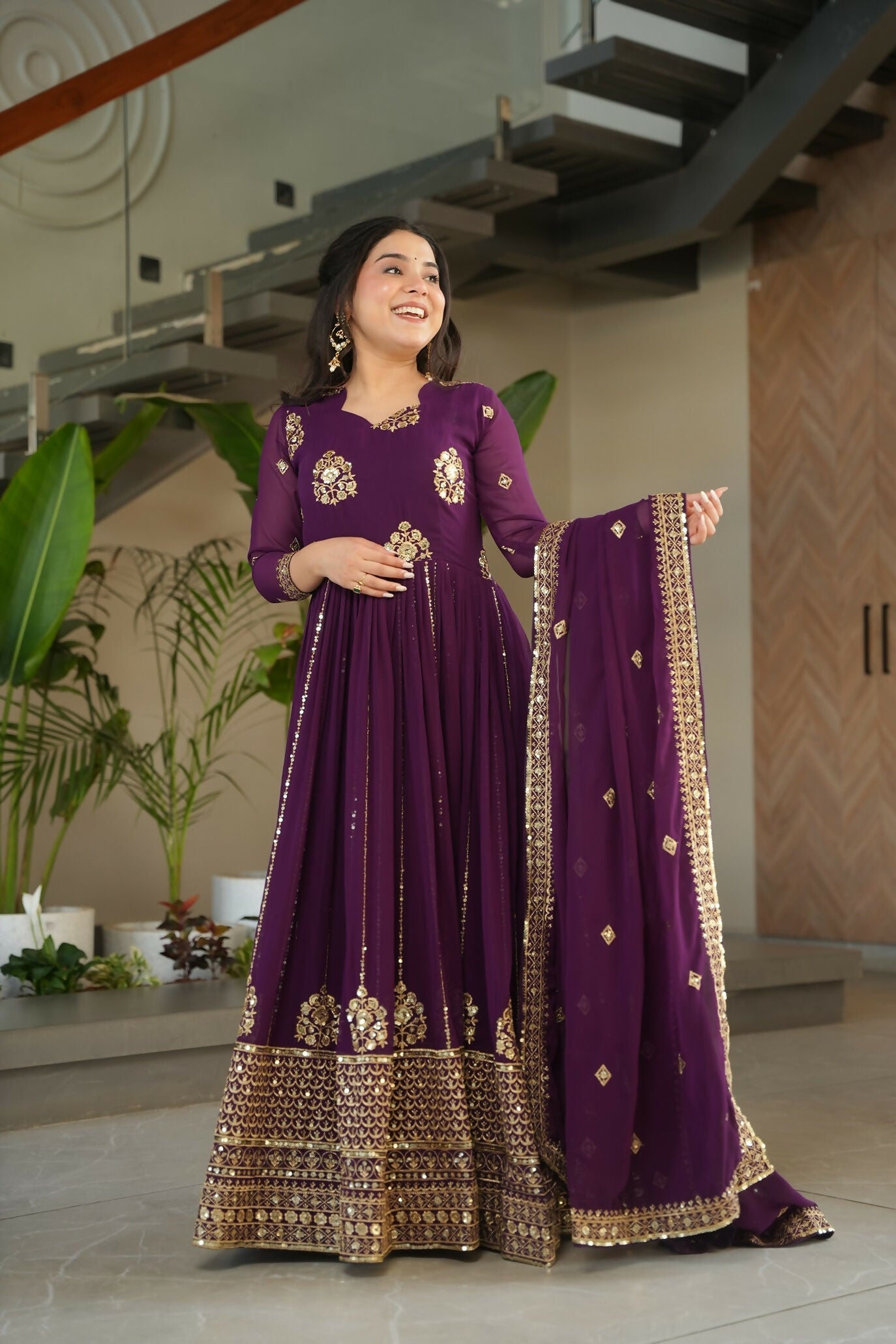 Joban Fashion Wine Georgette Sequence Embroidery Work Kurta Set