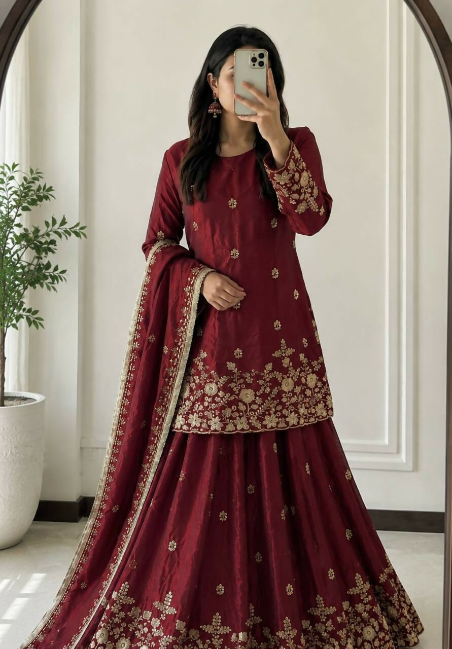 Teeya Creation Womens New Latest Heavy Embroidery Sequins Work Lehenga Set - Red