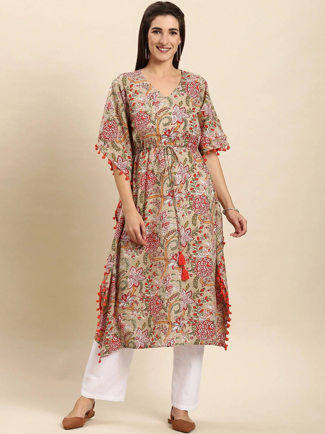 Janasya Women Women Beige & Pink Floral Printed Floral Kaftan Kurta
