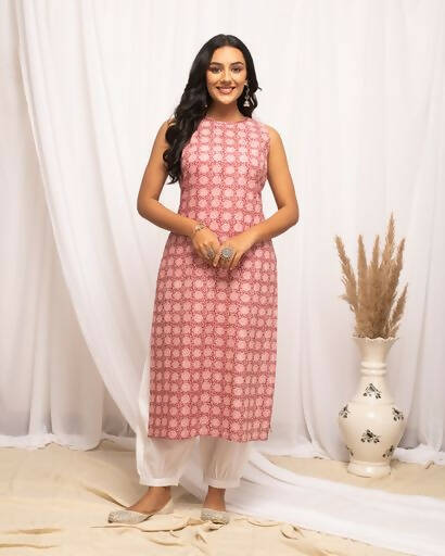 FIORRA Women's Floral Printed Pink Cotton Straight Kurta 