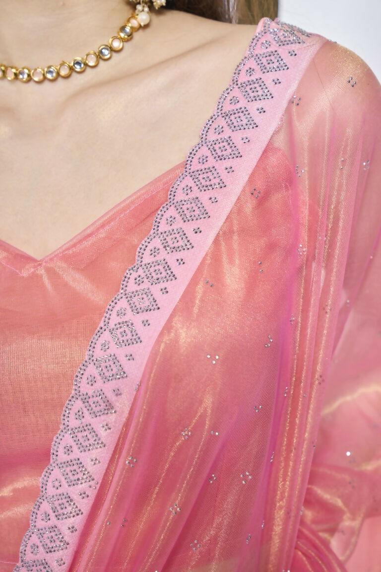 Pink Gold Tissue Net Solid & Gold Cotted Saree - Samaa