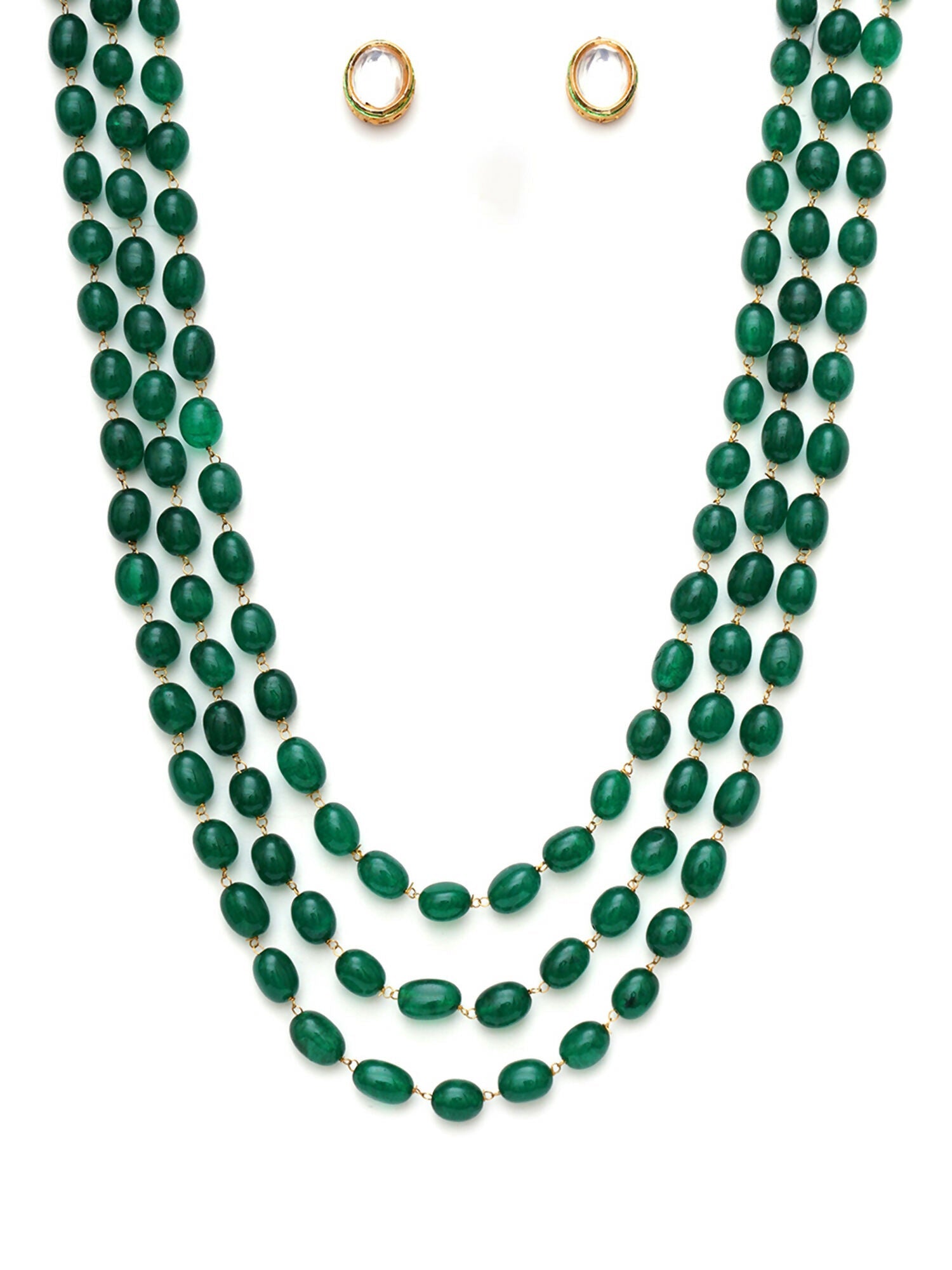 Long Layered Green Neckpiece wtih Kundan Studs Jewellery Set (Green) - Ruby Raang - Grab2buy