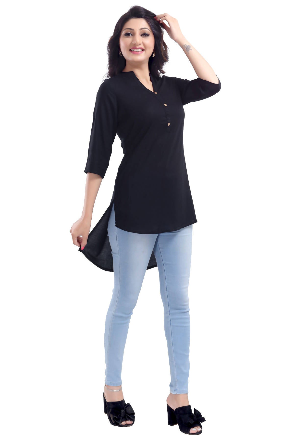 Snehal Creations Beauteous Black Button Down Styled Rayon Kurti For Women