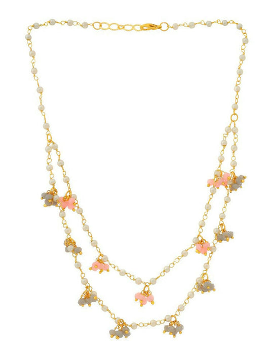 Beaded Pearl Necklace with Grey and Pink Colourful Motifs - Ruby Raang | Grab2Buy