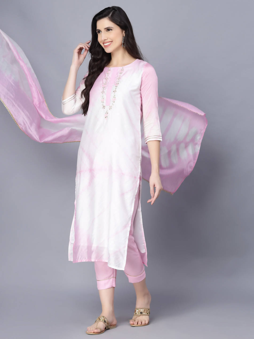Myshka Women Pink Striped Empire Kurti with Trousers With Dupatta