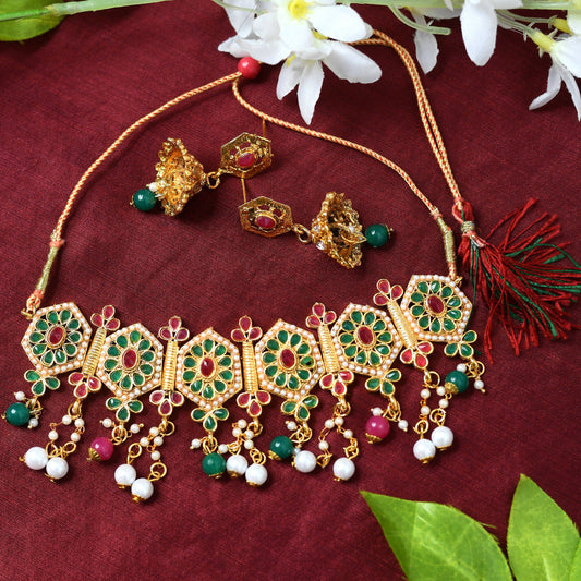 Mominos Fashion Johar Kamal Women Gold-Plated Brass Finish Meena & Pearls Work Choker - Grab2buy