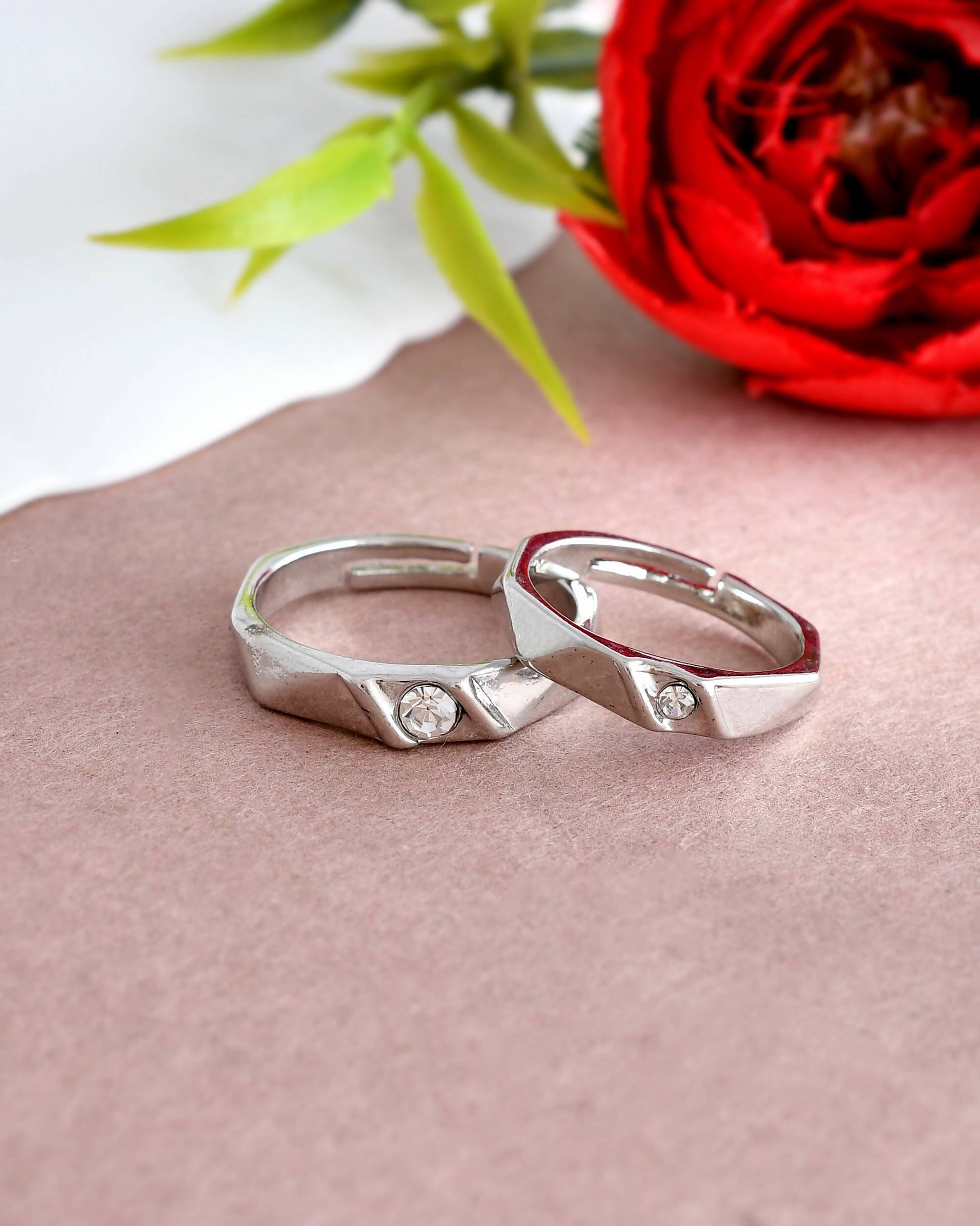 VOJ Stainless Steel Cubic Zirconia Silver Plated Adjustable Ring Set for Couple 