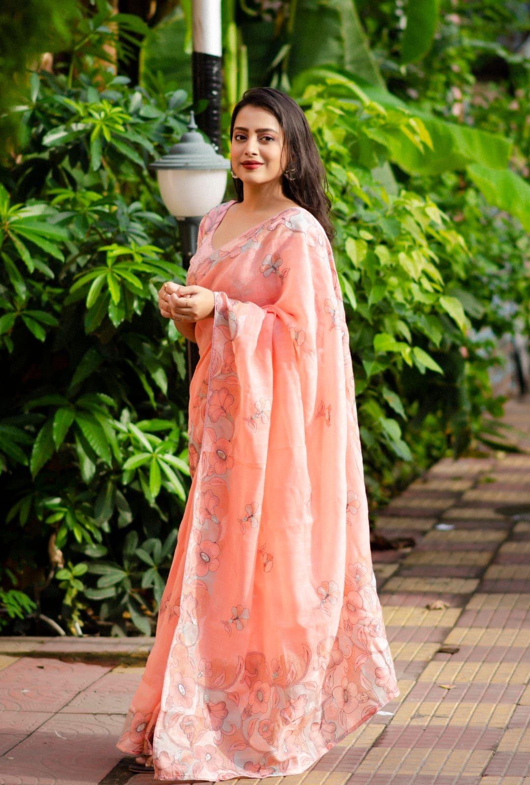 Pink Pure Linen Ethnic Motifs Saree with Unstitched Blouse - A2M