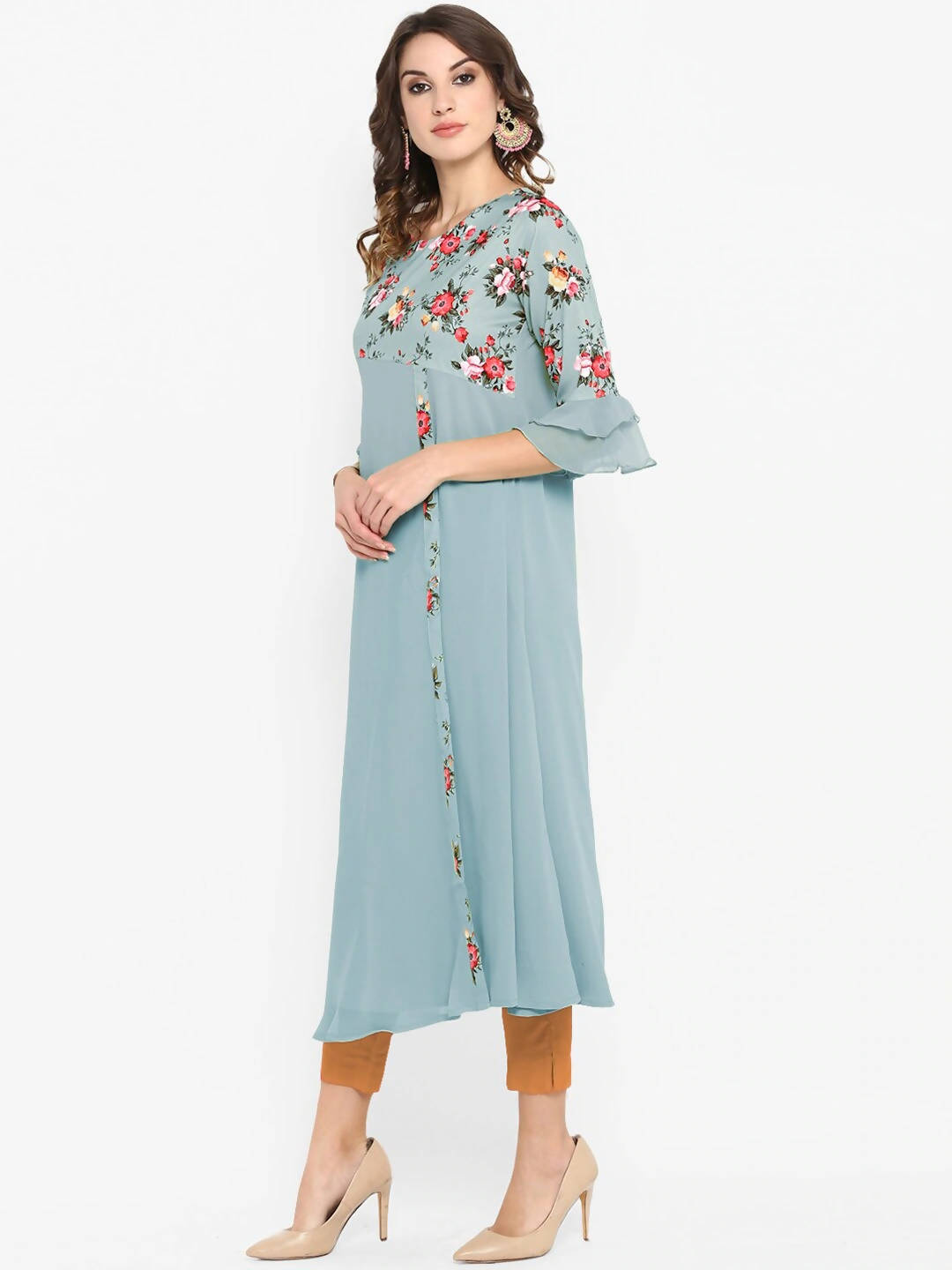 Janasya Women Blue Floral Embroidered Flared Sleeves Thread Work Crepe Anarkali Kurta