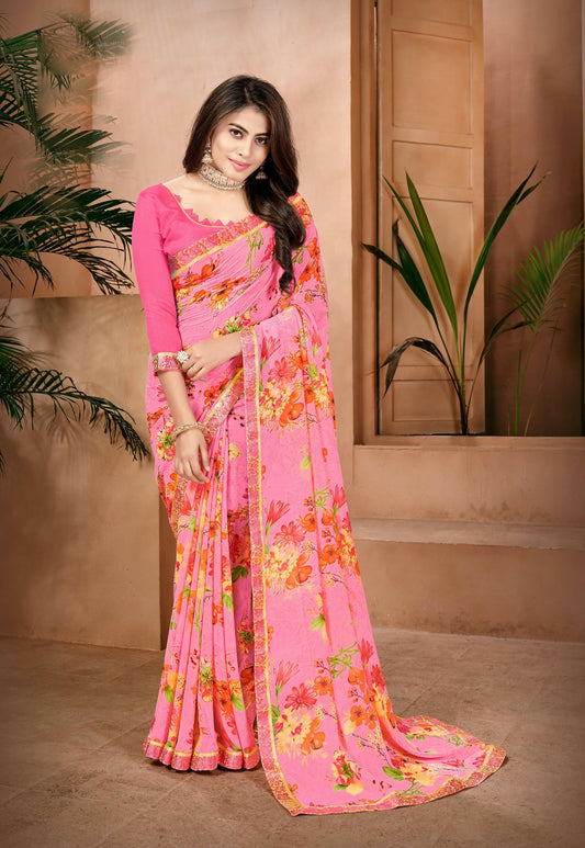 Pink Georgette Floral Printed Saree With Unstitched Blouse Piece - Jyoti