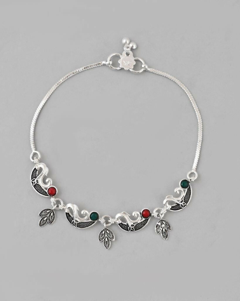 VOJ Set of 2 Silver Plated Meenakari Multi Color Anklet 