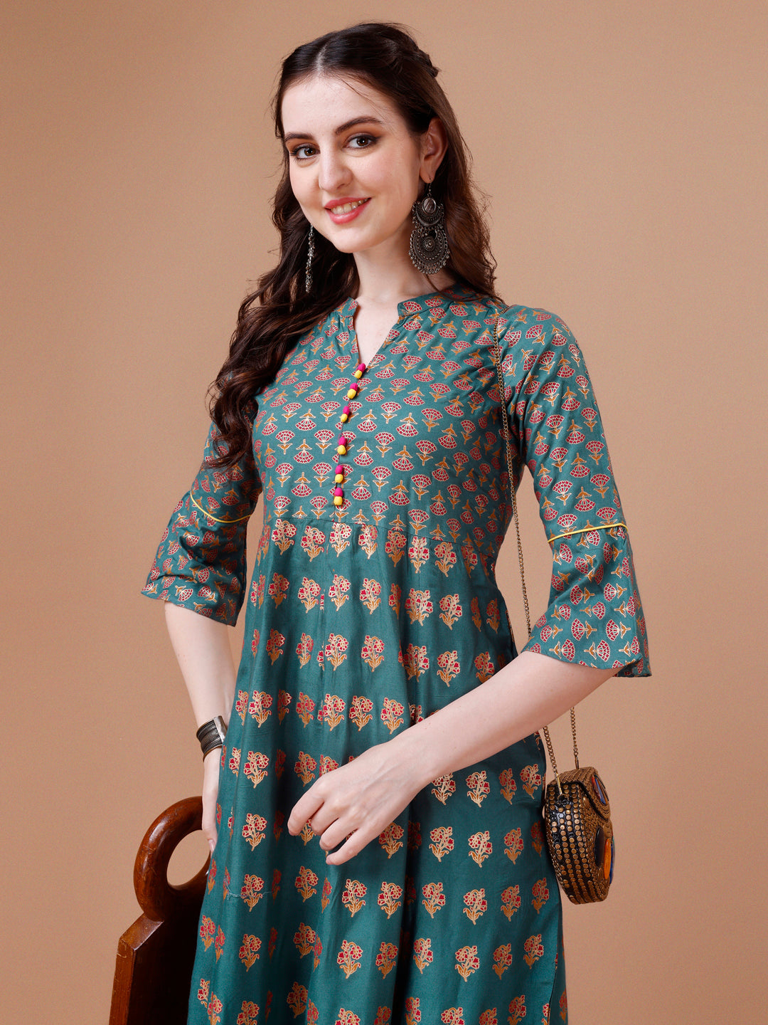 Rayon Ethnic Motifs Printed Flared Kurta, Multicolor - Hiral Fashion