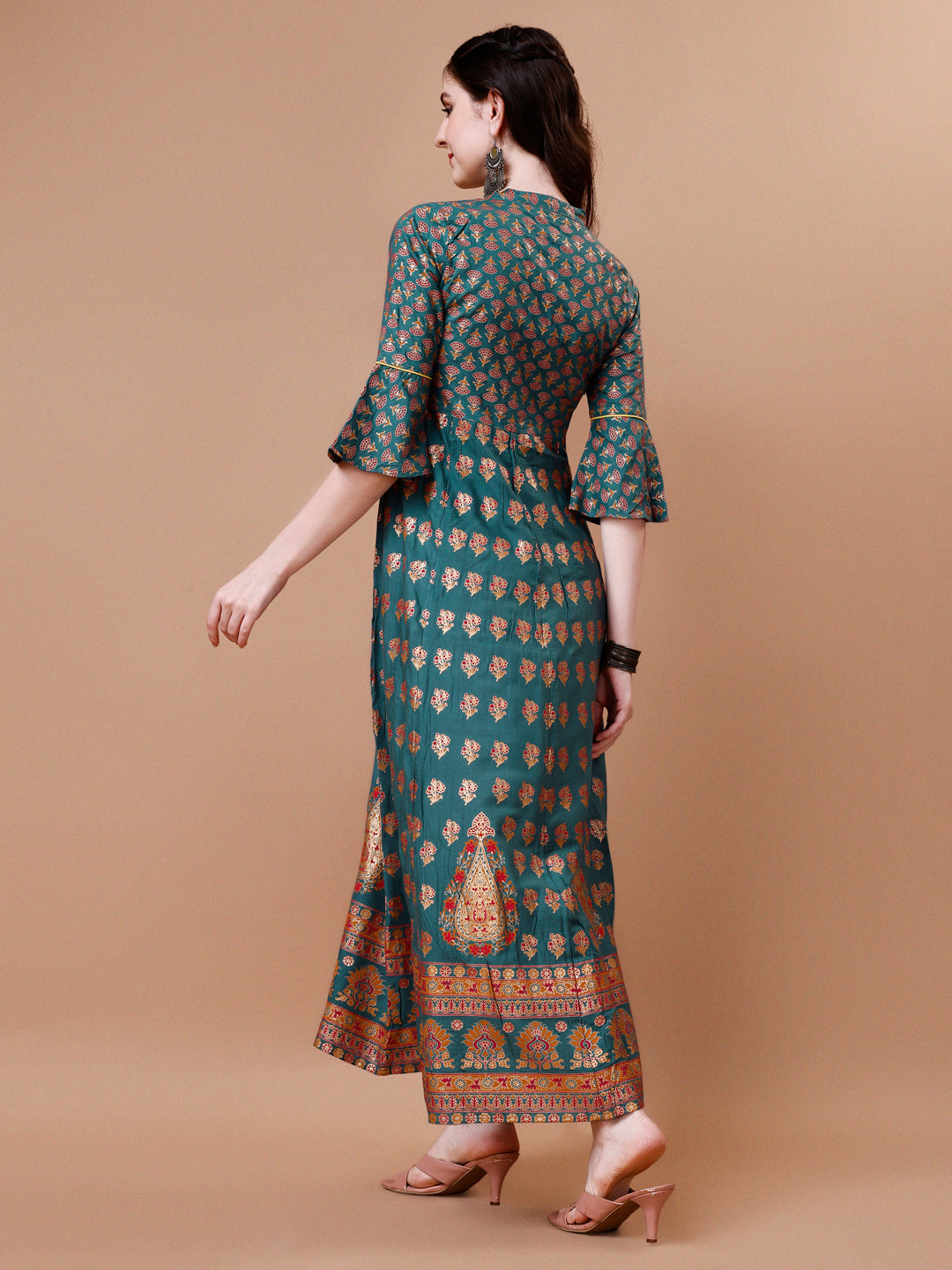 Rayon Ethnic Motifs Printed Flared Kurta, Multicolor - Hiral Fashion