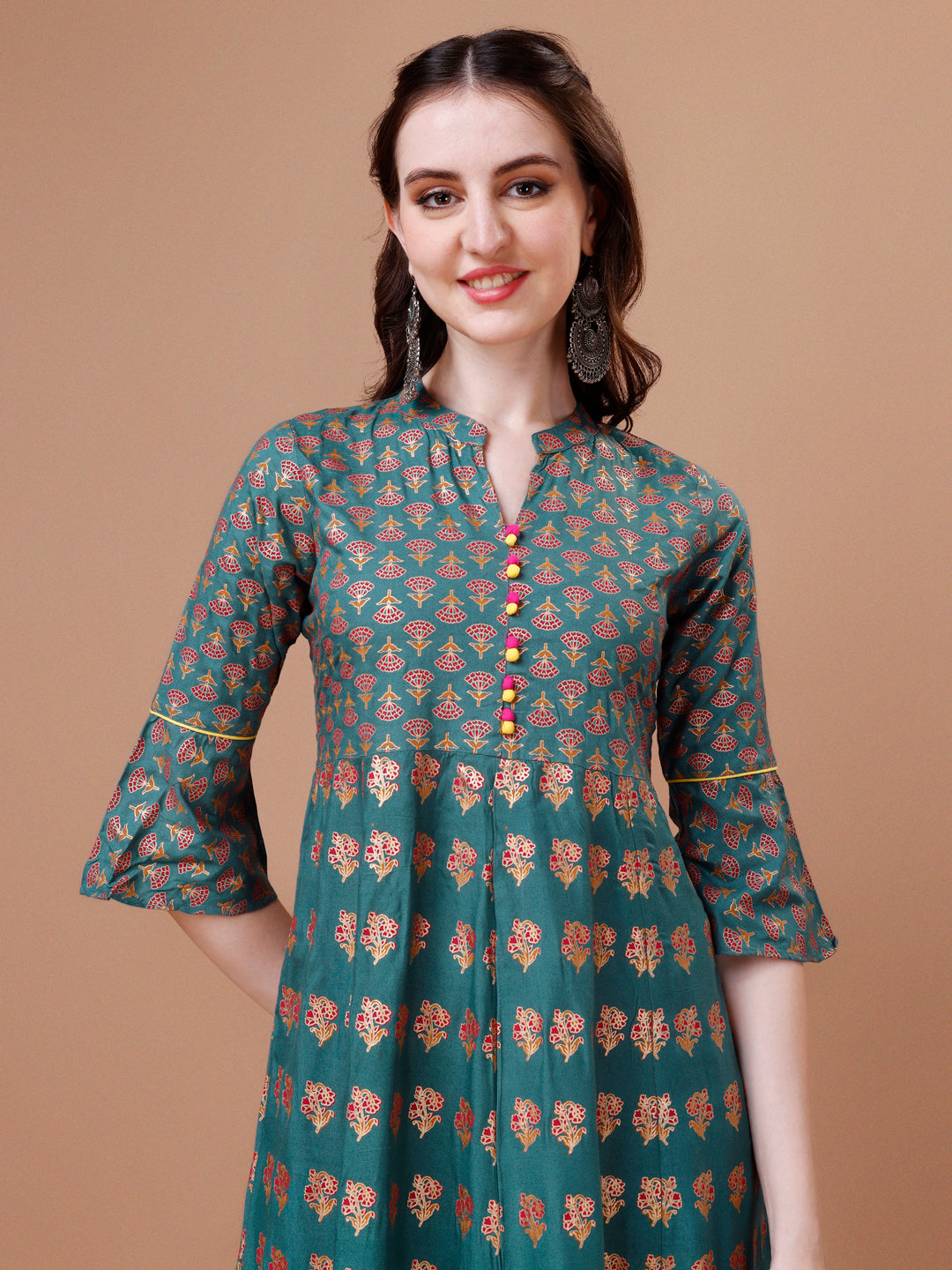 Rayon Ethnic Motifs Printed Flared Kurta, Multicolor - Hiral Fashion