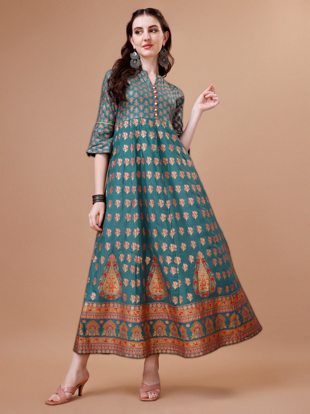 Rayon Ethnic Motifs Printed Flared Kurta, Multicolor - Hiral Fashion