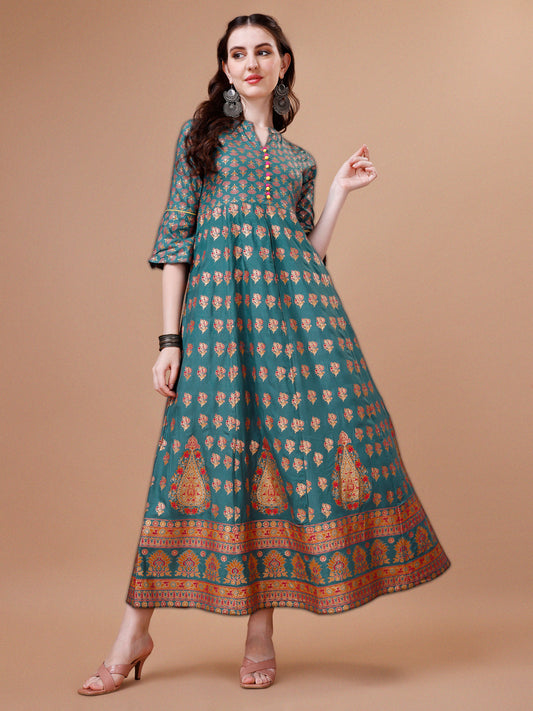 Rayon Ethnic Motifs Printed Flared Kurta, Multicolor - Hiral Fashion