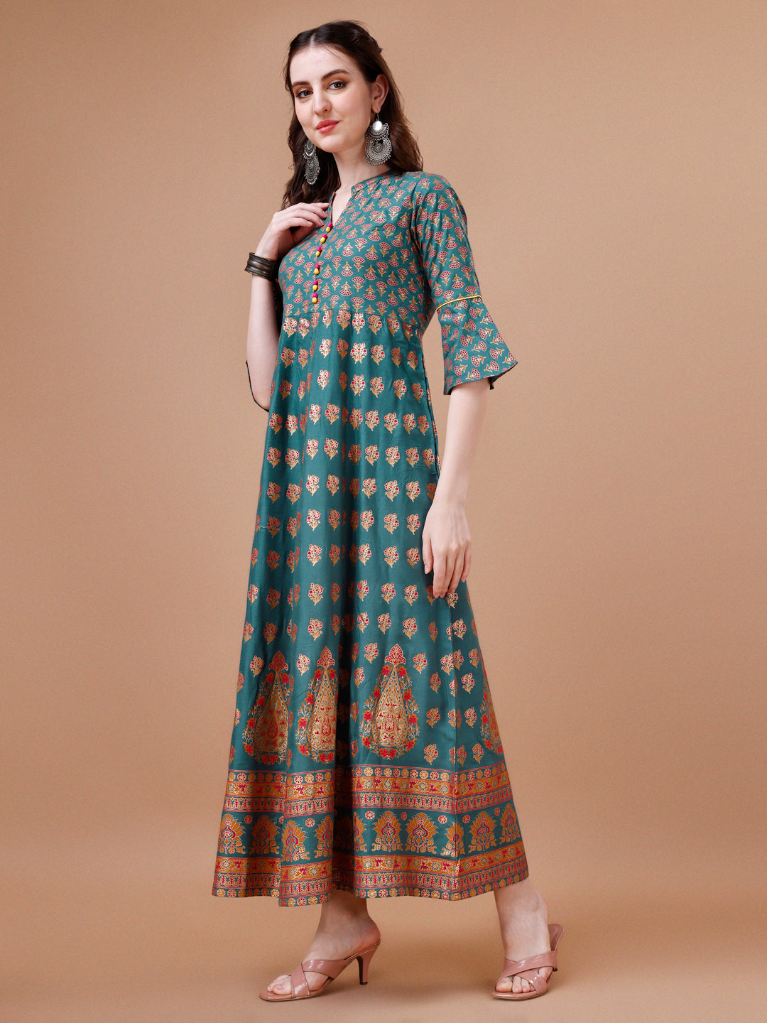 Rayon Ethnic Motifs Printed Flared Kurta, Multicolor - Hiral Fashion
