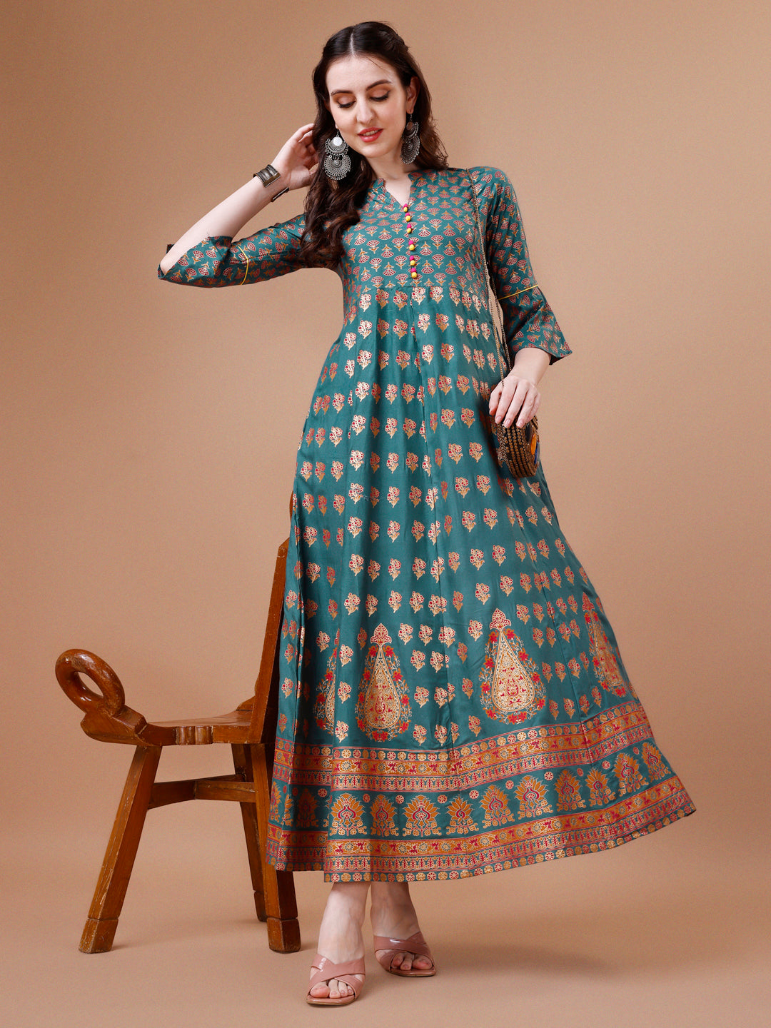 Rayon Ethnic Motifs Printed Flared Kurta, Multicolor - Hiral Fashion